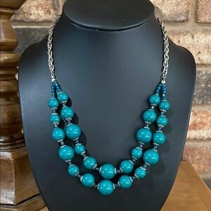 Vintage Teal beaded double strand silver tone necklace